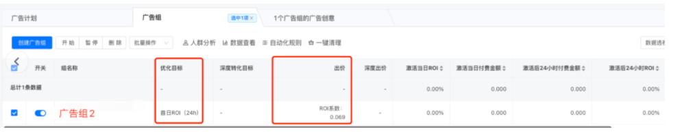 优化目标为【首日ROI(24h)】的广告组，推广页面会展示对应的优化目标和出价详情。RO|单出价